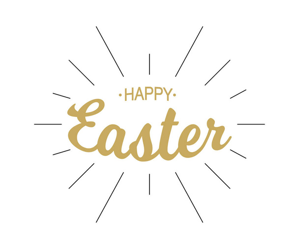 Vector Happy Easter gold typographic calligraphic lettering with black rays isolated on white background. Retro holiday easter badge. Religious holiday sign. - ベクター画像