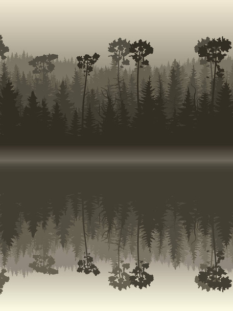 Иллюстрация леса с его отражением в воде
. - Вектор,изображение