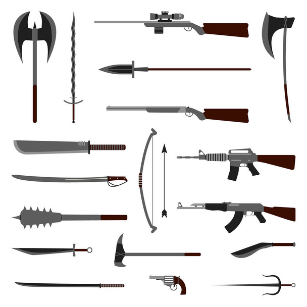 18 fegyver ikonjára. Középkori és modern. Lapos vektoros illusztráció. - Vektor, kép