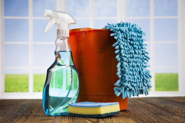 Cleaning products. Home concept and window background - Photo, Image