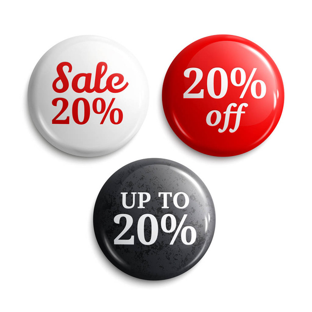 20 percent discount on glossy buttons or badges. Product promotions. Vector. - Vector, Image