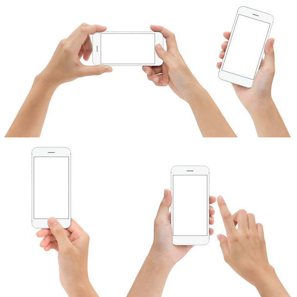Handgesten halten und das Telefon isoliert auf weißem Hintergrund benutzen - Foto, Bild