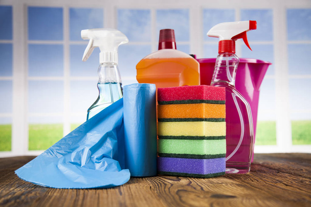 Cleaning products. Home concept and window background - Foto, Imagen