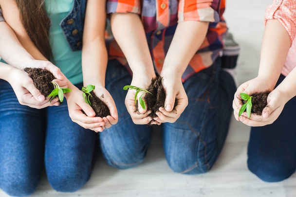 Closeup of the hands of children holding the earth with plants - 写真・画像