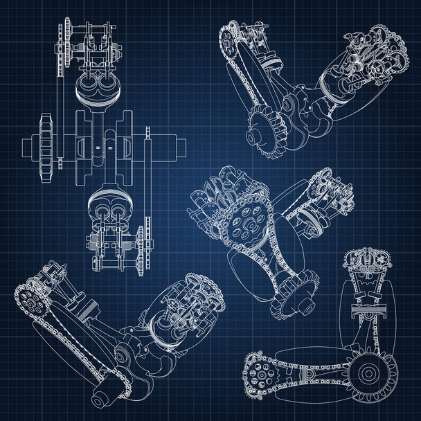 Varios componentes del motor, pistones, cadenas, boquillas y válvulas se representan en forma de líneas y contornos. Dibujo 3D de montaje y piezas
. - Vector, Imagen