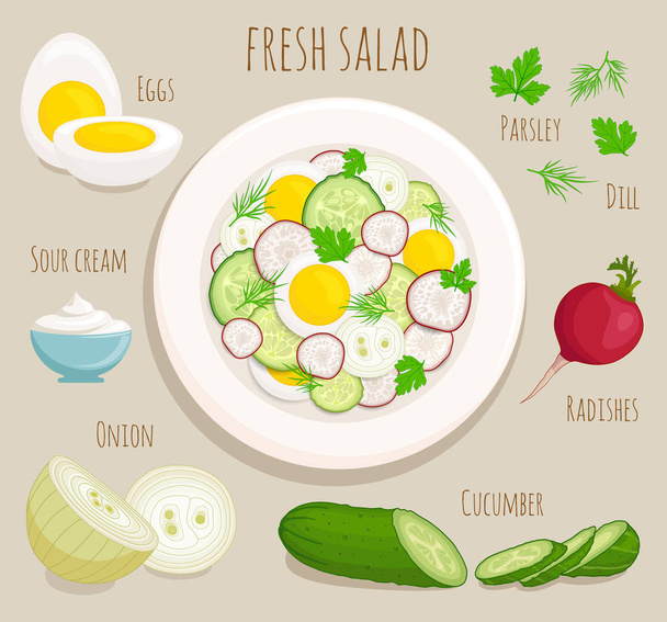 Recipe salad with ingredients. Vector. - Vettoriali, immagini