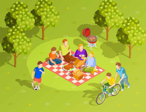 家族の夏の田舎ピクニック アイソ メトリック ビュー  - ベクター画像