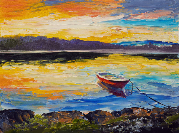 Pintura al óleo, obras de arte sobre lienzo. Barcos de pesca en el mar
   - Foto, Imagen