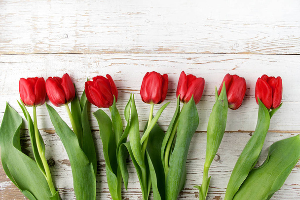 beautiful red tulips on white wooden background. Top view. - Foto, Imagem