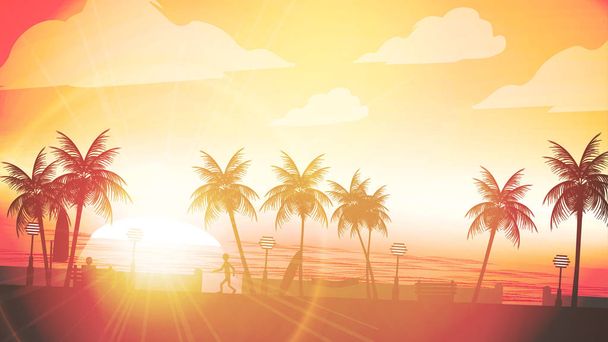 Pláž Sunset ochoz s muže sedícího v popředí a Palm - Vektor, obrázek