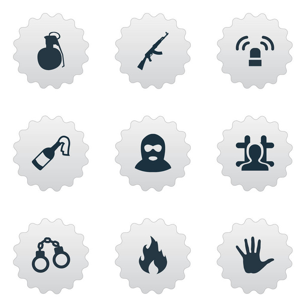 Vector Illustration Set of Simple Crime Icons (en inglés). Elementos Blaze, M16, Ladrón Y Otros Sinónimos Bomba, Llama Y Cadena
. - Vector, Imagen