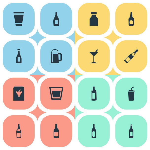 Vector illustratie Set van eenvoudige dranken iconen. Elementen Vial, Cognac, Champagne en andere synoniemen Whiskey, Plastic en Martini. - Vector, afbeelding