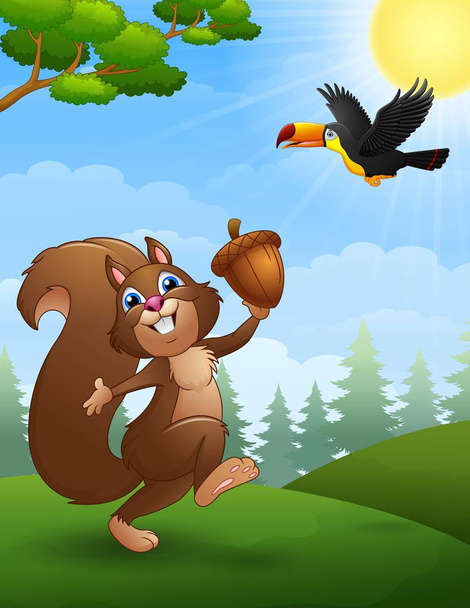 Wiewiórka i ptak Tukan kreskówki w dżungli - Wektor, obraz