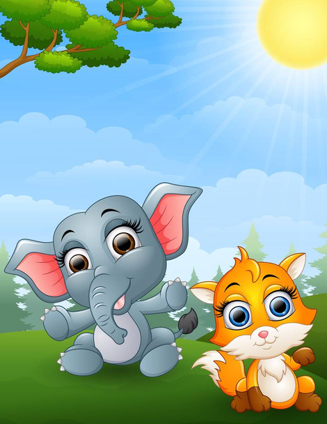 Baby elephant and baby fox cartoon in the jungle - Vector, Image