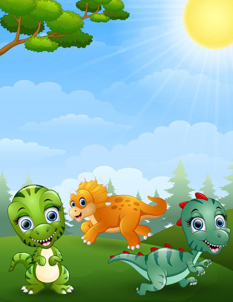 Dibujos animados de dinosaurios en la selva
 - Vector, imagen