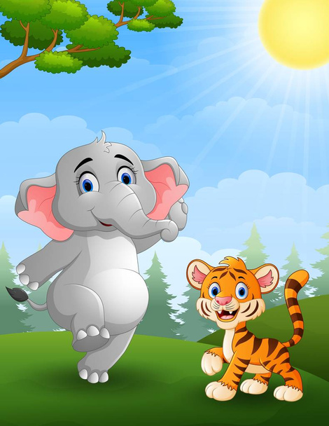 Elefante y tigre de dibujos animados en la selva
 - Vector, imagen