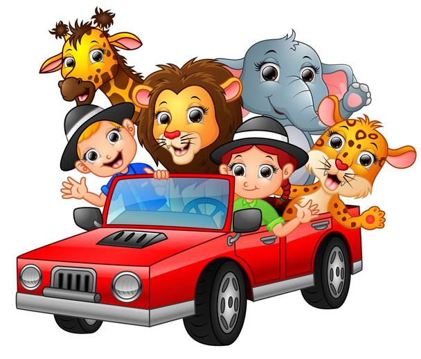 Bambini dei cartoni animati alla guida di una macchina rossa con animali selvatici
 - Vettoriali, immagini