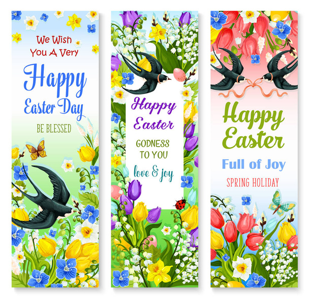Bannière florale vacances de Pâques avec fleur et oiseau
 - Vecteur, image