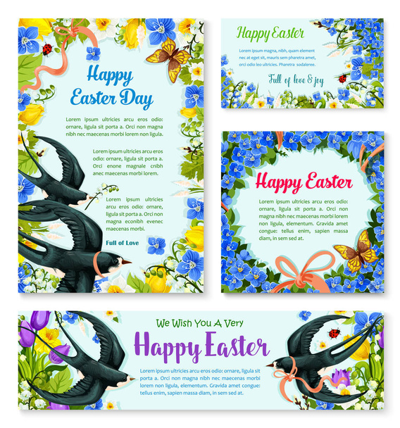 Пасхальний банерний шаблон з весняними птахами, квітами
 - Вектор, зображення