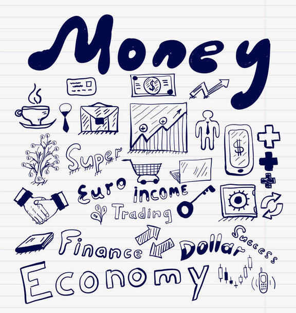 Mega coleção de conceitos de finanças, negócios e dinheiro, rabiscos desenhados à mão
 - Vetor, Imagem