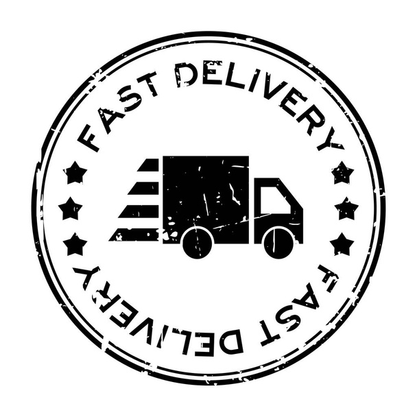Гранд чорний швидка доставка з іконою вантажівки круглої гумової печатки на білому тлі
 - Вектор, зображення