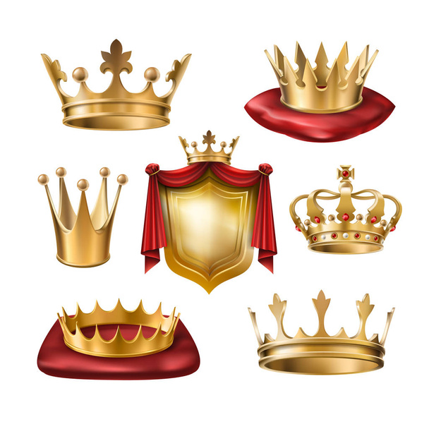 Set of vector icons of royal golden crowns of various kinds and coat of arms isolated on white. - Vector, Imagen