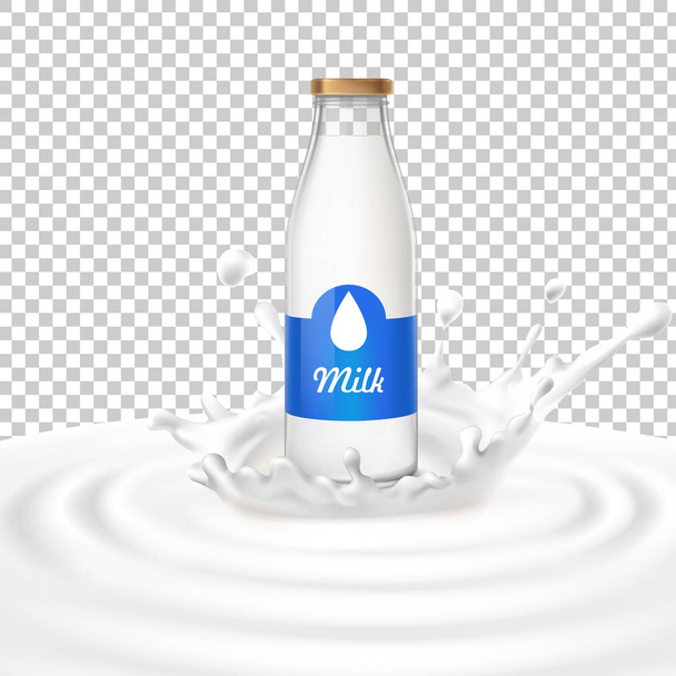 Vector illustration of a glass bottle with milk standing in the center of a dairy splash. - Vector, Image