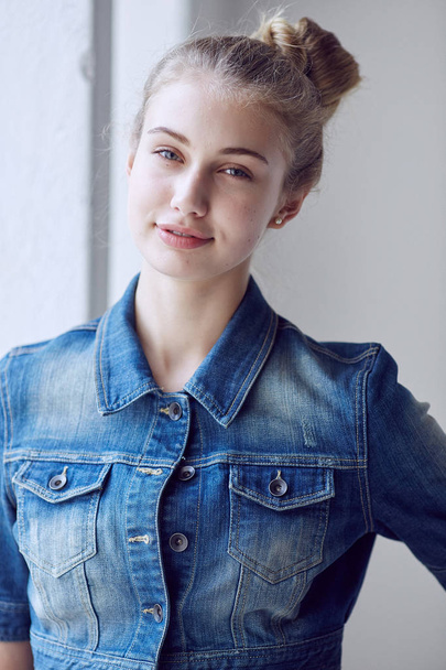 Blonde female dressed in a denim jacket - Fotografie, Obrázek