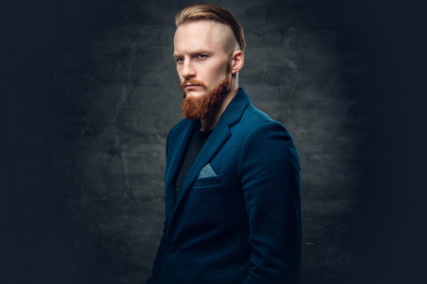 Redhead bearded hipster in a blue jacket - Photo, Image