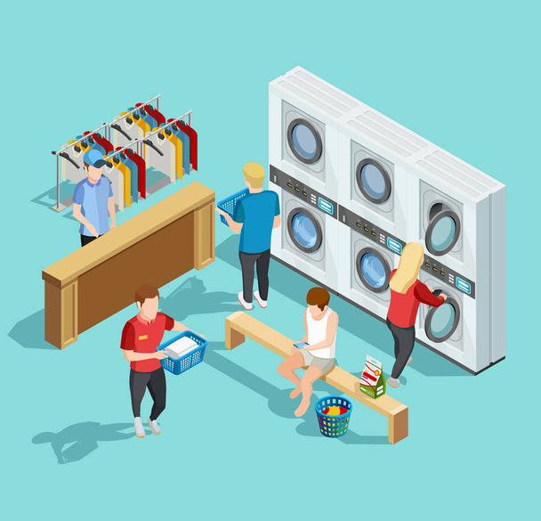 Self Service Laundry Facility Isometric Poster - Vector, Image
