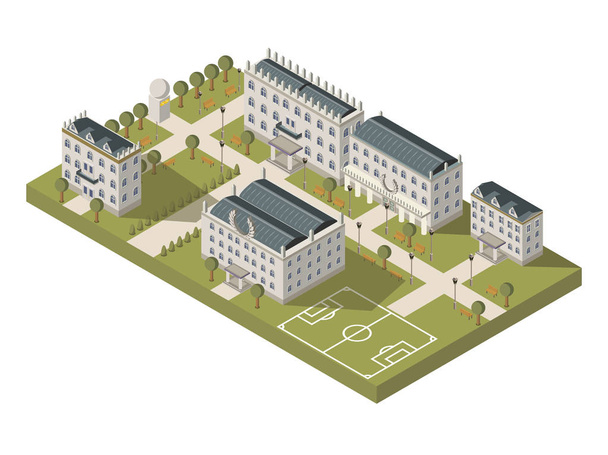Isometrisch University Campus Concept - Vector, afbeelding