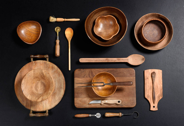 Collection of Wood Kitchen Bowls and Utensils - Photo, image