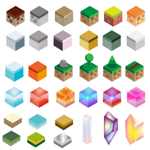 Game assets. Isometric texture bricks and magic crystals. Landscape, rock, water, magic design elements for gaming interface - Вектор,изображение