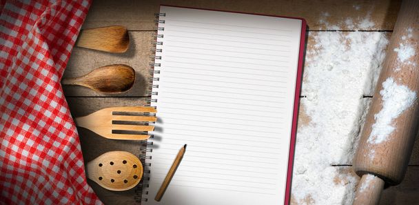 Empty Notebook with Flour and Rolling Pin - Fotoğraf, Görsel