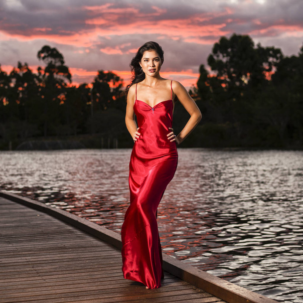 長い絹の赤いドレスを着て庭の美しい若い女性 - 写真・画像