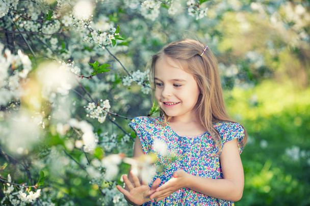 Happy little girl in cherry blossom garden - Photo, Image
