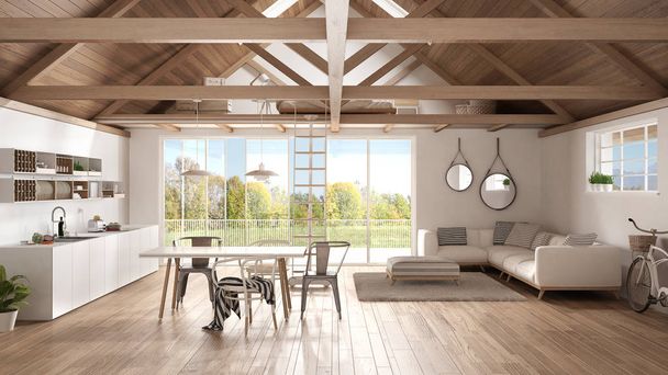 Altillo de entrepiso minimalista, cocina, salón y dormitorio, r de madera - Foto, Imagen