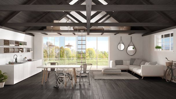Мінімалістичний мезанін лофт, кухня, вітальня і спальня, дерев'яний р
 - Фото, зображення