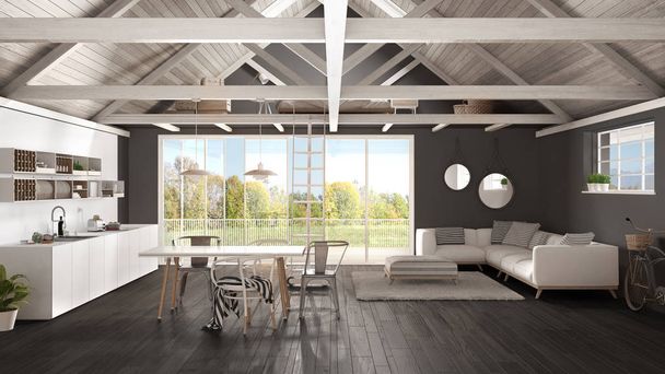 Altillo de entrepiso minimalista, cocina, salón y dormitorio, r de madera - Foto, Imagen