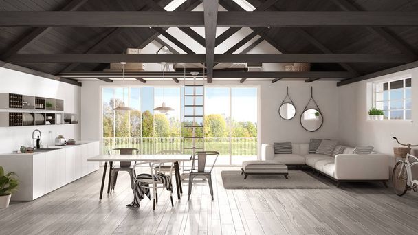 Minimalistinen parvi, keittiö, olohuone ja makuuhuone, puinen r - Valokuva, kuva