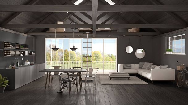 Minimalistický mezaninový podkroví, kuchyň, obývací pokoj a ložnice, dřevěné r - Fotografie, Obrázek