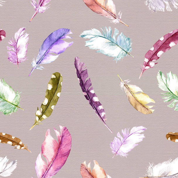 Feathers pattern. Watercolor seamless background. - Φωτογραφία, εικόνα