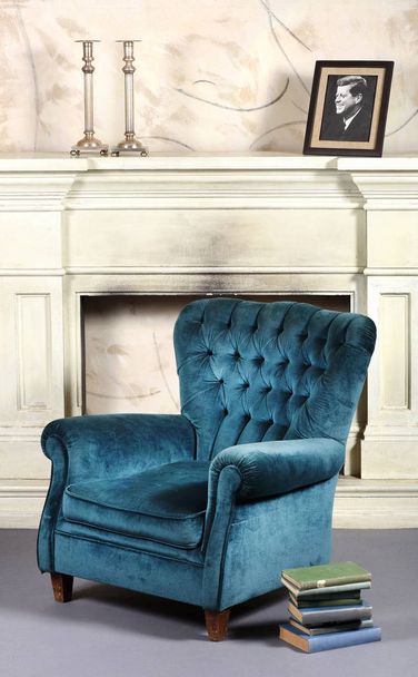 Blue velvet upholstered vintage armchair - Photo, Image
