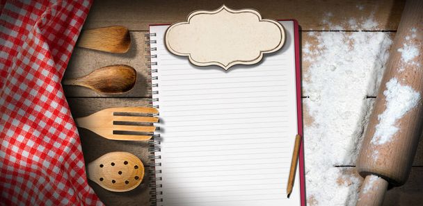 Empty Notebook with Flour and Rolling Pin - Fotoğraf, Görsel