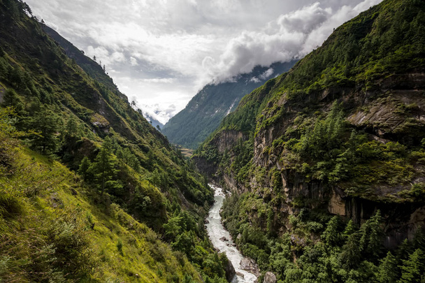 Green valley on Manaslu circuit in Himalaya mountains, Nepal  - Foto, afbeelding