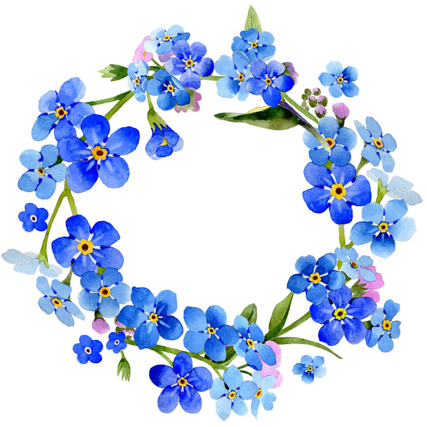 Wildflower myosotis arvensis flower wreath in a watercolor style isolated. - Photo, Image