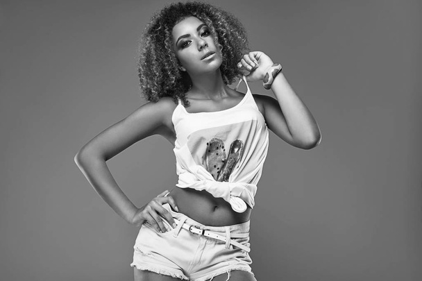 Glamor swag black hipster woman model with curly hair - Photo, Image