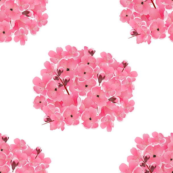 Sakura. Bouquet of pink cherry flowers. Isolated on white. Seamless background. illustration - ベクター画像