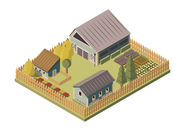Aménagement isométrique du ranch avec grange et hangars piles de lits de jardin de foin et illustration vectorielle de clôture en bois
 - Vecteur, image