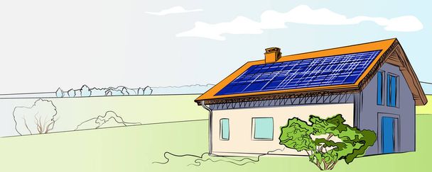 Ilustración aislada de una casa con paneles solares en el techo
 - Vector, Imagen